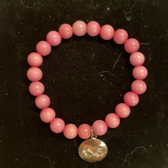 8” bracelet w/25 round pink marble beaded with 1” gold tone Breast Cancer charm - Picture 2 of 10